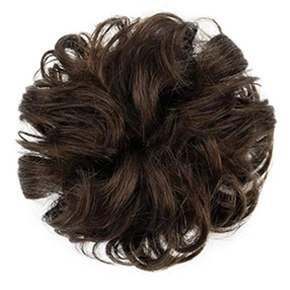 HSF human hair bun ponytail extension in natural black, wavy tousled updo chignon style