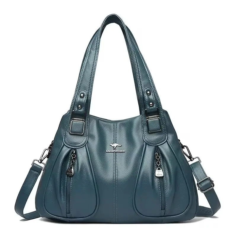 Genuine soft PU leather vintage shoulder tote handbag for women, large capacity designer purse with elegant style.