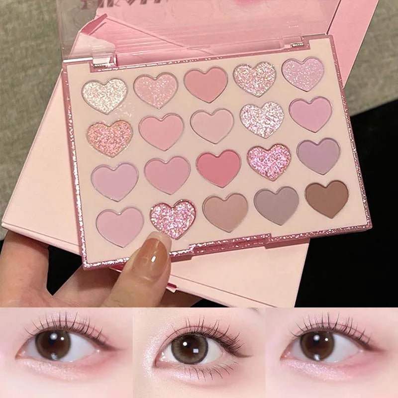 Sweet Pink 20-color heart-shaped eyeshadow palette with pearl glitter purple shades and pink blusher