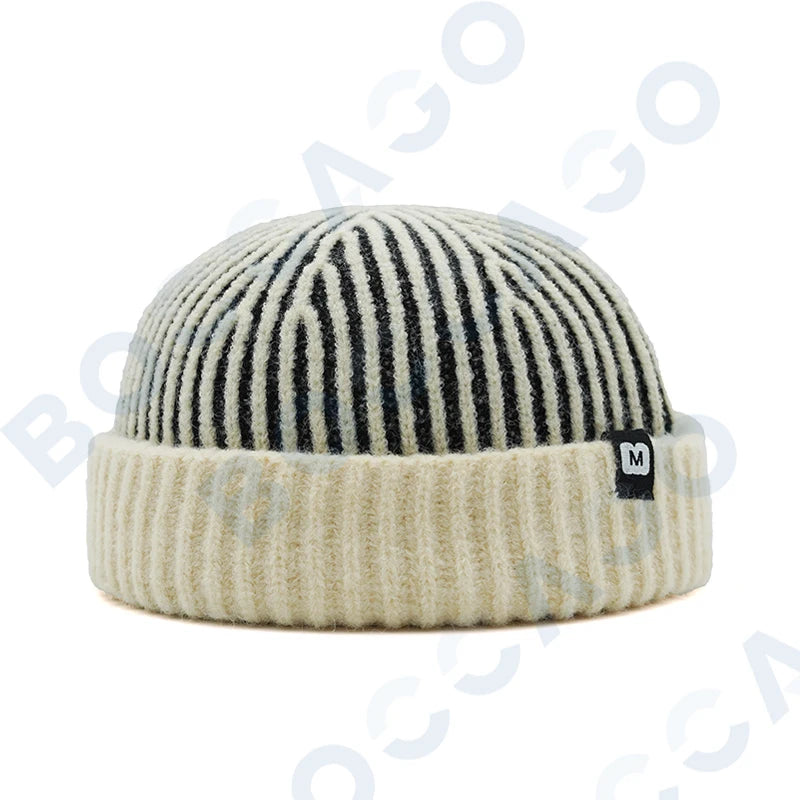 Women's thick striped knitting docker cap, warm winter beanie with letter label, soft vintage retro hat