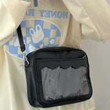Japanese Harajuku Ita Bag for women with transparent pocket, high school uniform style, PU material, crossbody shoulder bag.