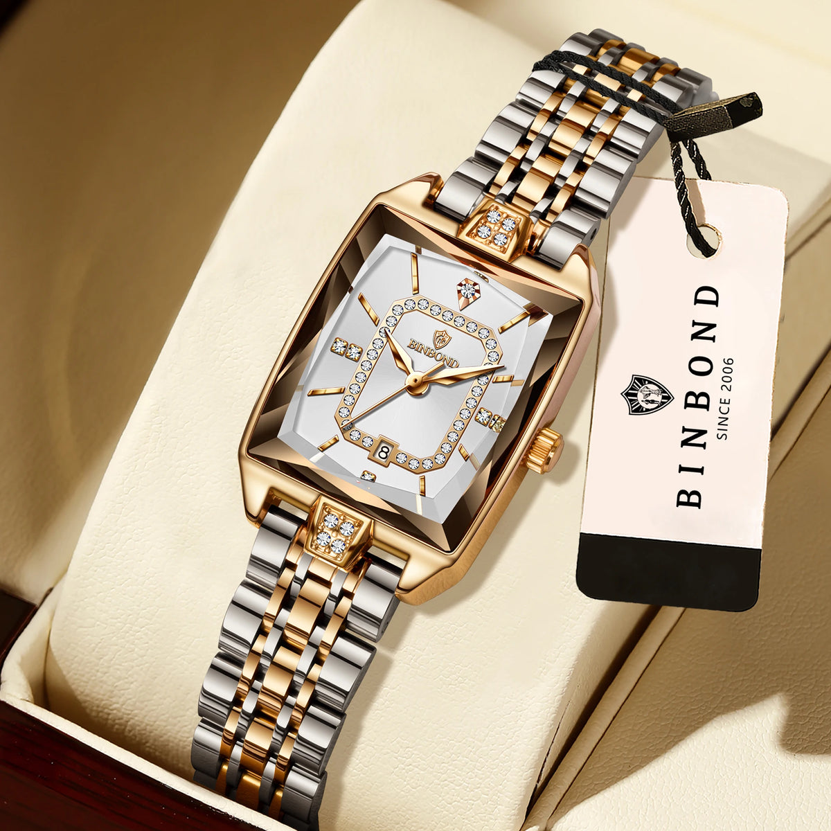 BINBOND Zircon Luxury Reloj Original Waterproof Sturdy Auto Date Women's Watches Ladies Wristwatch Quartz Watch For Women