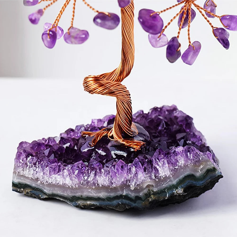 Amethyst Healing Crystals Stones Tree Wire Wrapped on Natural Crystals Gravel with Base Home Desk Living Room Stone Decoration