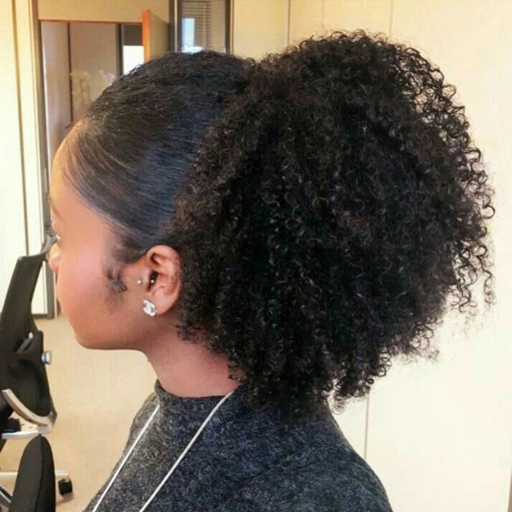 HSF human hair afro kinky curly Brazilian drawstring ponytail clip-in extension in a voluminous curly style