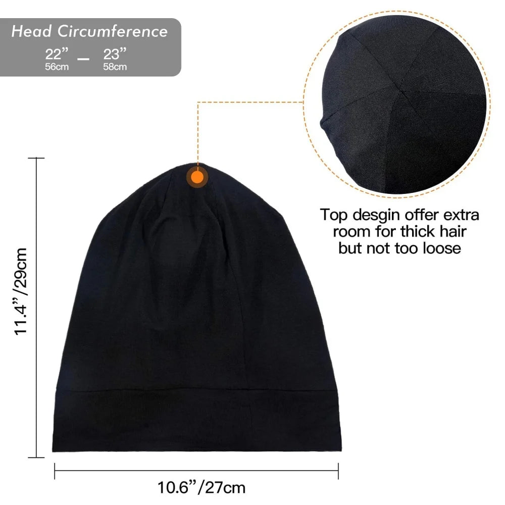 Adjustable satin-lined sleep bonnet for hair protection by HSF Marketplace, black bonnet shown flat