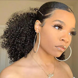 Afro kinky curly human hair drawstring ponytail extensions with clip-in attachment in natural black tones