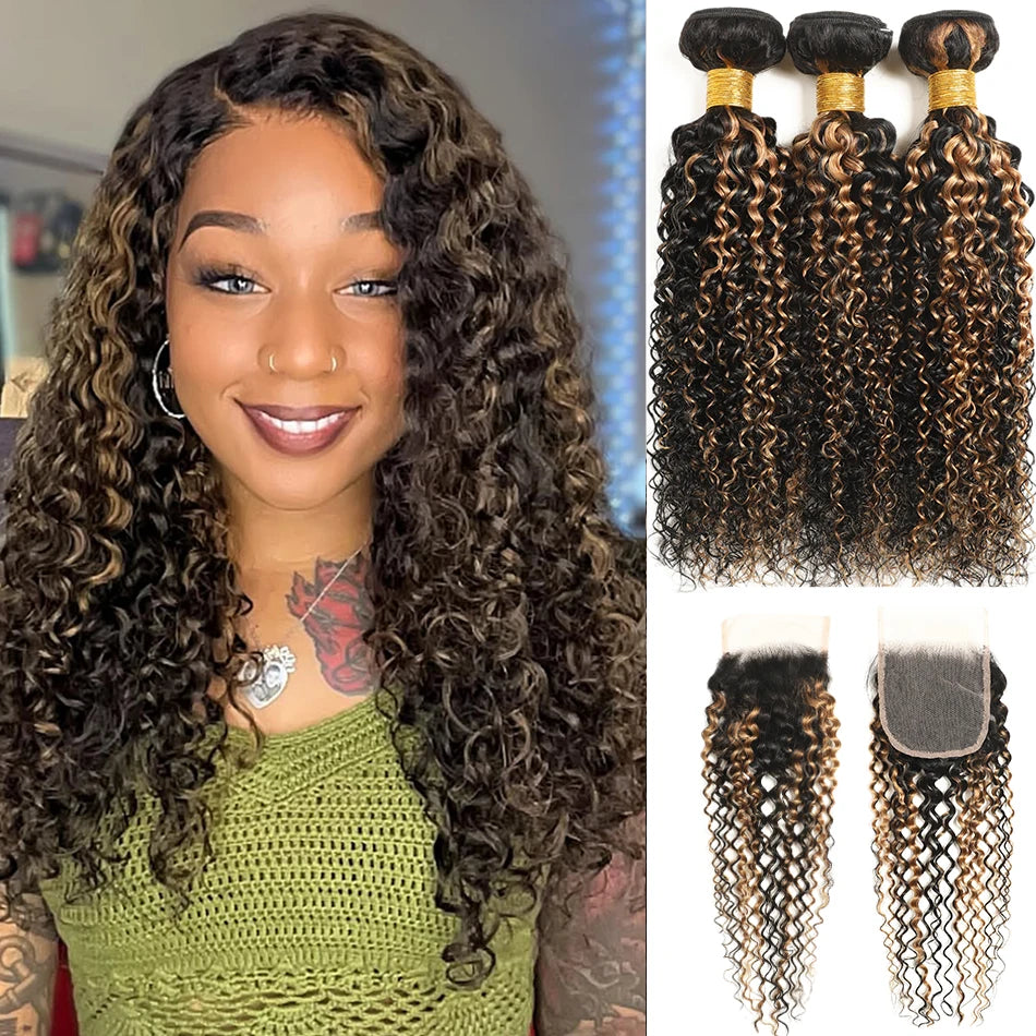 100% Virgin Burmese Curly Hair With 4x4 HD Lace Closure Highlight Kinky Curly With Closure Blonde Ombre Jerry Curly With Closure