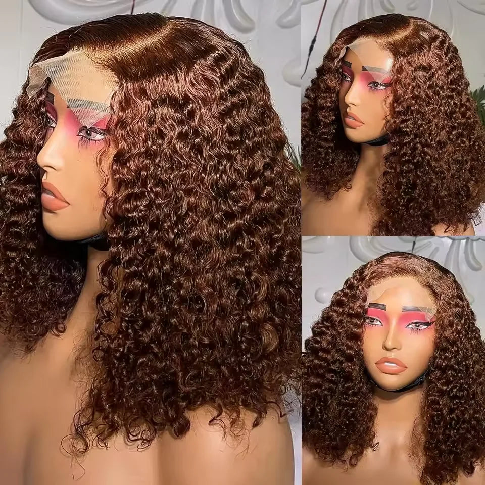 13x4 Brown Curly Hair Short Wigs Deep Wave 200Density Chocolate HD Lace Bob Wig Pre Plucked Human Hair 100%  For Women
