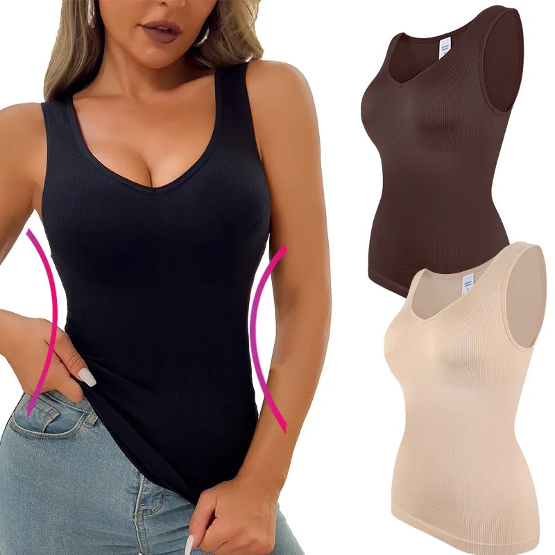 Women’s sleeveless V-neck shapewear tank top with wide straps and tummy control compression, S-3XL