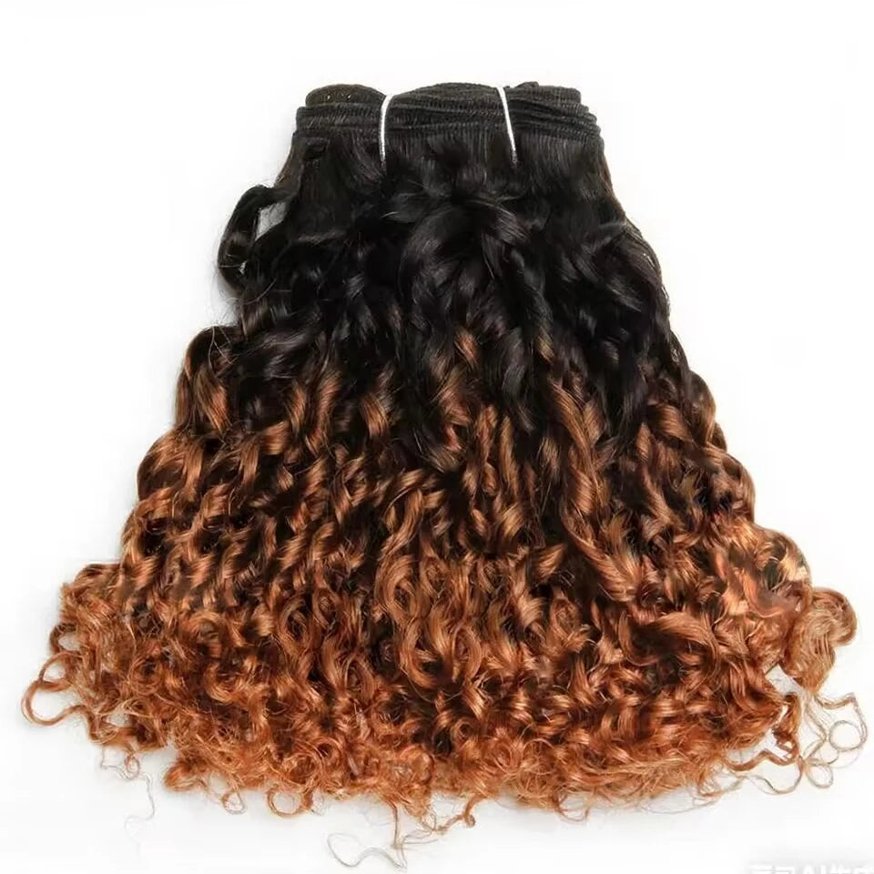 Ombre Brown T1b/30 Mongolian Pixie Curls Hair Weave Bundles with Closure Human Hair Bundles And Closure Frontal with Bundles