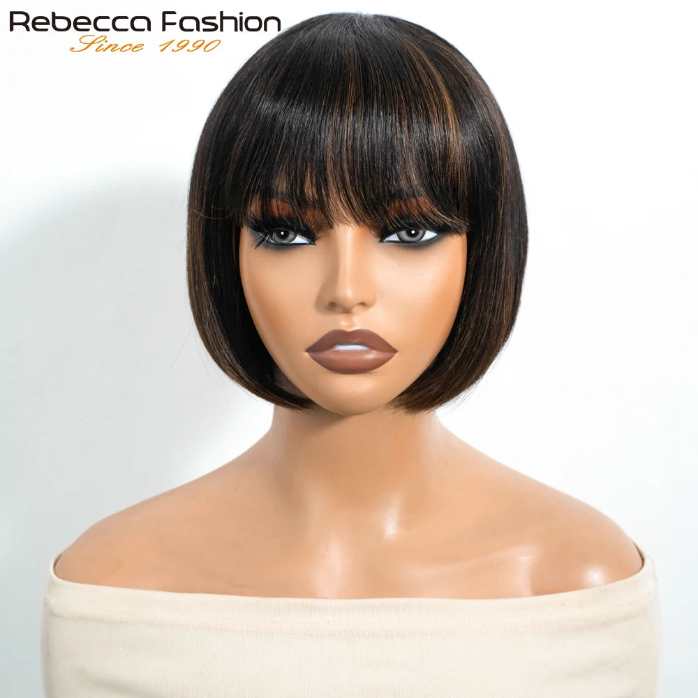 Rebecca short bob wig with bangs, Brazilian straight human hair, mixed color 1B/30, glueless machine-made wig