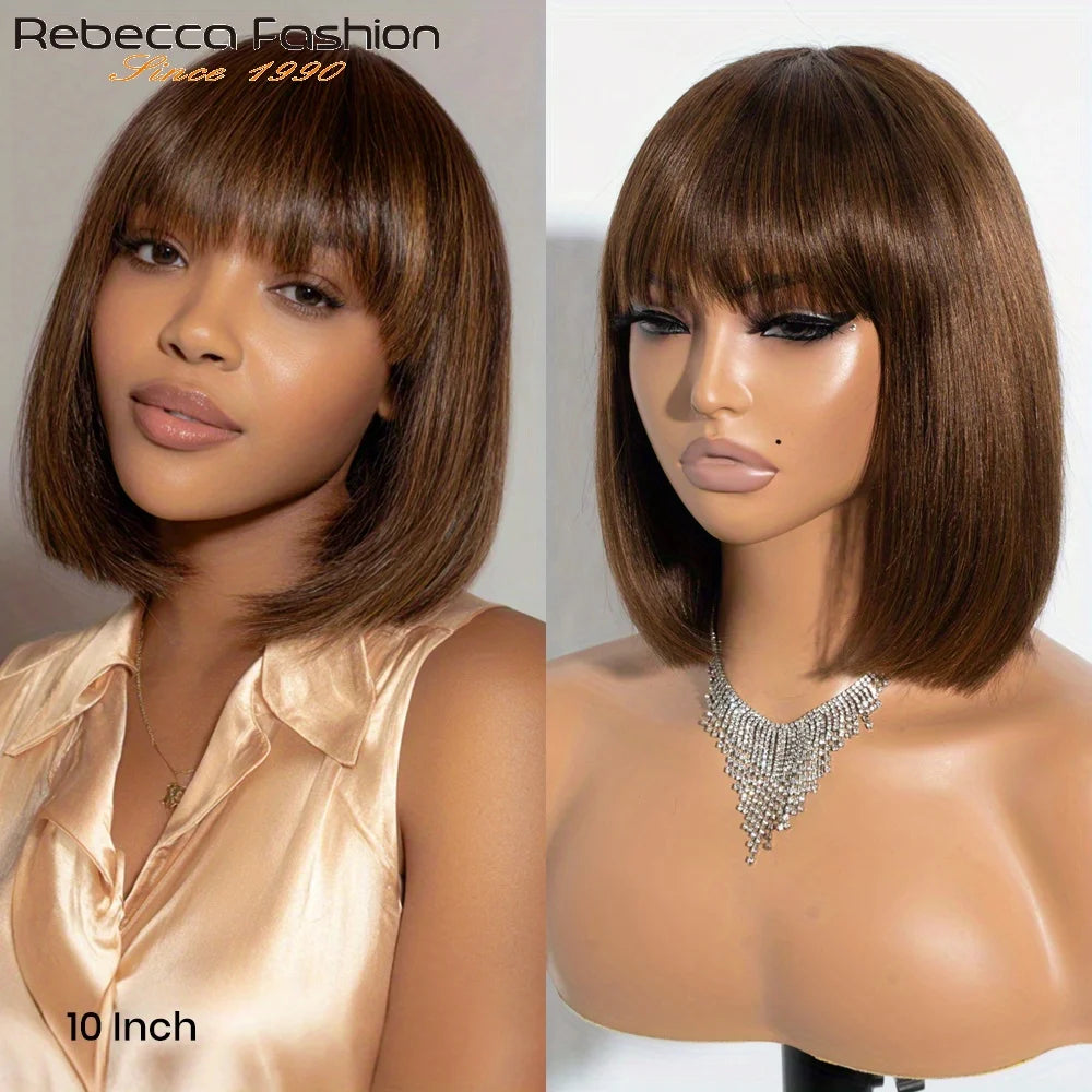 Rebecca Ombre Brown straight short bob human hair wig with bangs, full machine-made style, natural brown color, versatile for everyday wear