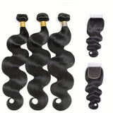 5X5 Body Wave 3/4 Bundles with 4X4 Lace Closure Human Hair Extensions for Women Natural Black Big Wave Human Hair Easy to Wear for Women'S Daily Styling
