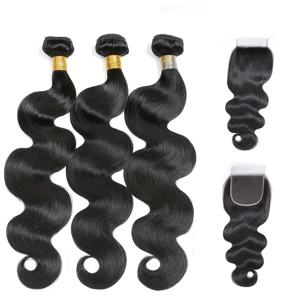 5X5 Body Wave 3/4 Bundles with 4X4 Lace Closure Human Hair Extensions for Women Natural Black Big Wave Human Hair Easy to Wear for Women'S Daily Styling