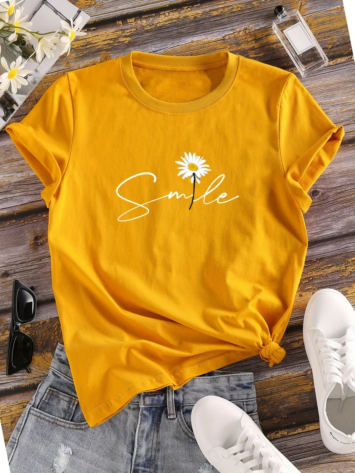 Women's casual short sleeve T-shirt with flower and letter print by HSF Marketplace