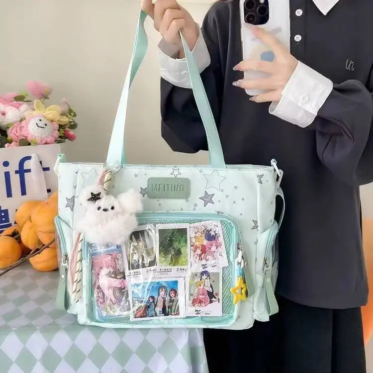 Transparent Japanese Ita shoulder bag by HSF Marketplace featuring a large capacity, casual crossbody design for girls and Lolita fashion.