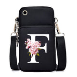 HSF Marketplace Sakura alphabet floral crossbody bag with small size, featuring colorful letter graphics and a mobile phone compartment.