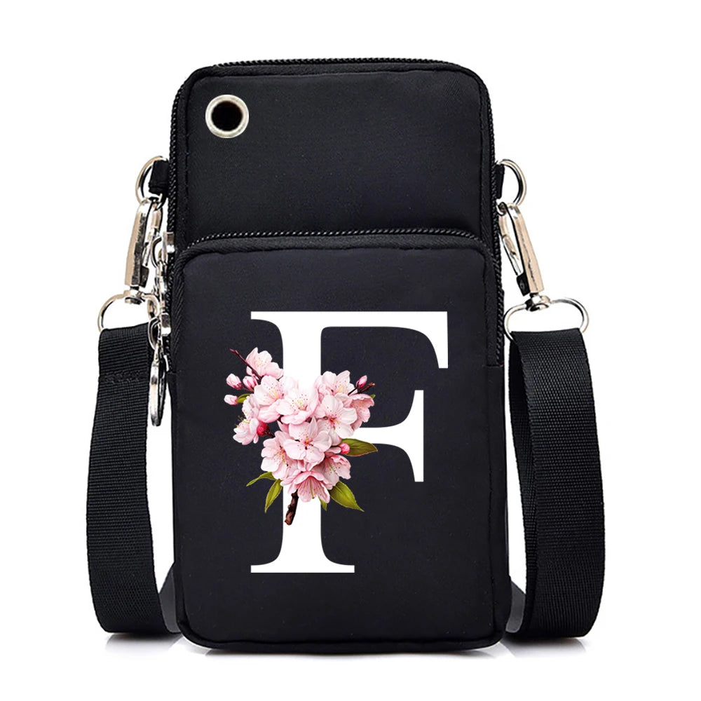 HSF Marketplace Sakura alphabet floral crossbody bag with small size, featuring colorful letter graphics and a mobile phone compartment.