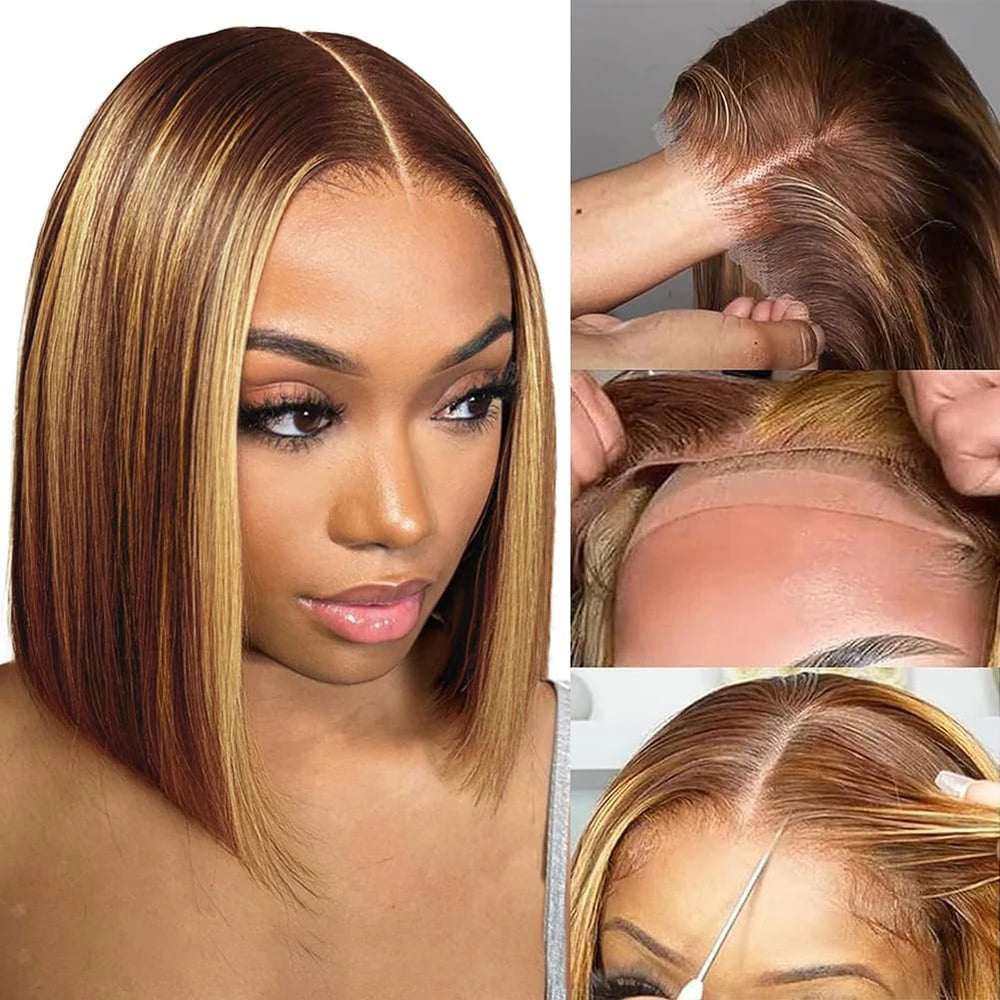 Honey blonde short bob human hair wig with 6x4 lace frontal, ready-to-wear, glueless, Brazilian straight highlights by HSF Marketplace.