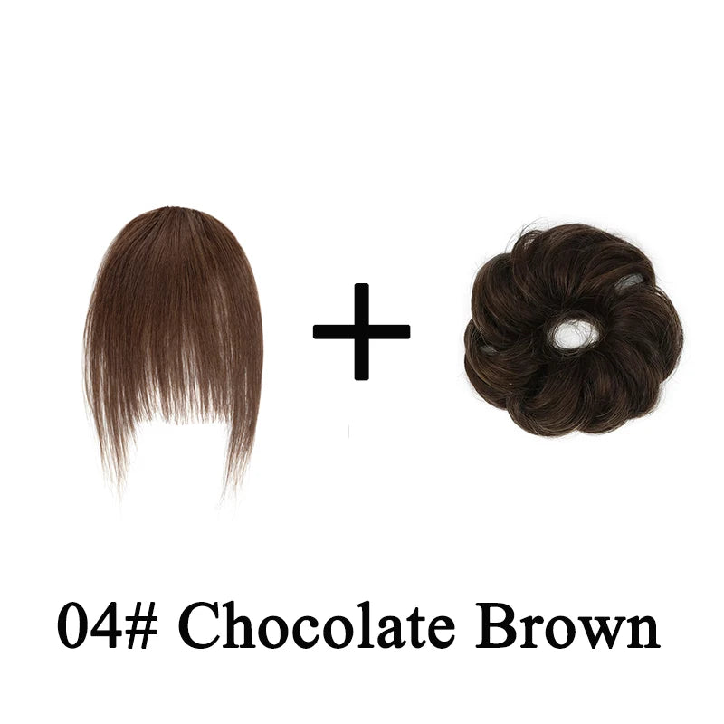 Wavy curly human hair messy bun ponytail with clip-in extensions and air bangs for women