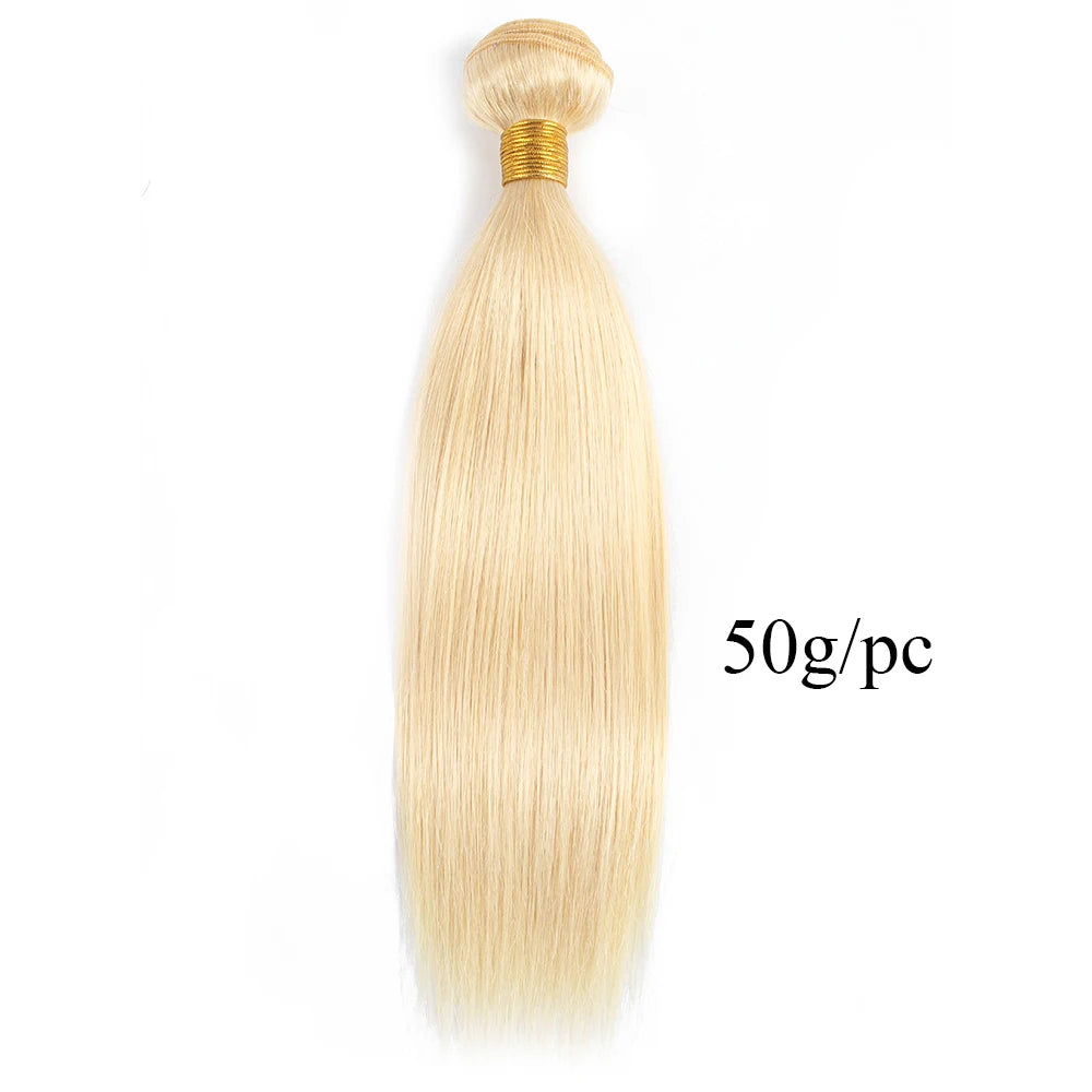 3/4 Bundles with Closure 50g/pc #613 100% Human Hair Weave 4*4 Transparent Lace Frontal Free Part Platinum Blonde Straight Bobbi