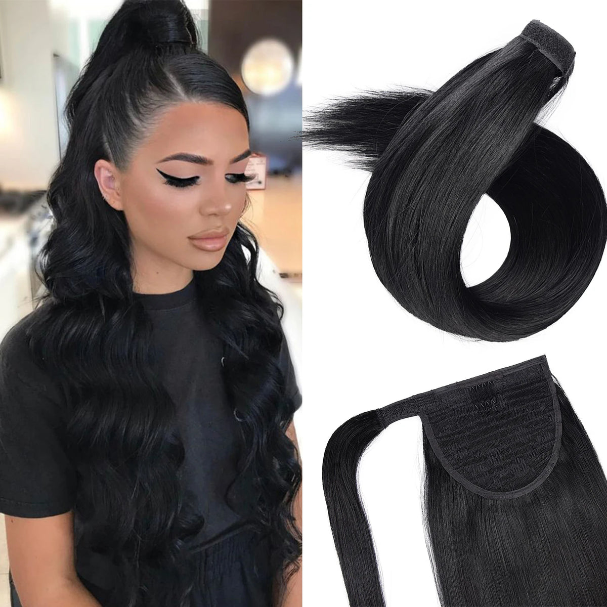 Straight human hair wrap-around ponytail extension with clip for women, by HSF Marketplace