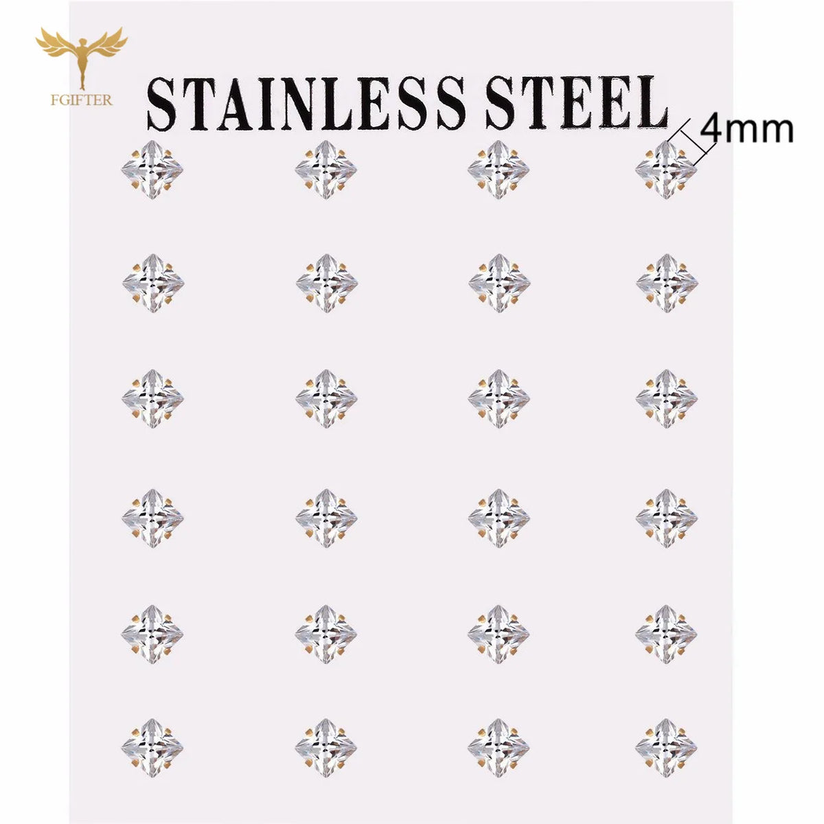 12 pairs white crystal stud earrings, round and square zircon designs with golden stainless steel settings