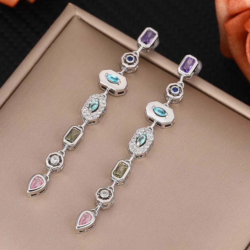 Colorful zircon water drop long tassel earrings for women by HSF Marketplace