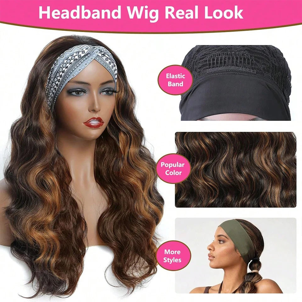 4/27 highlight body wave headband wig, 200% density Brazilian human hair wig for Black women