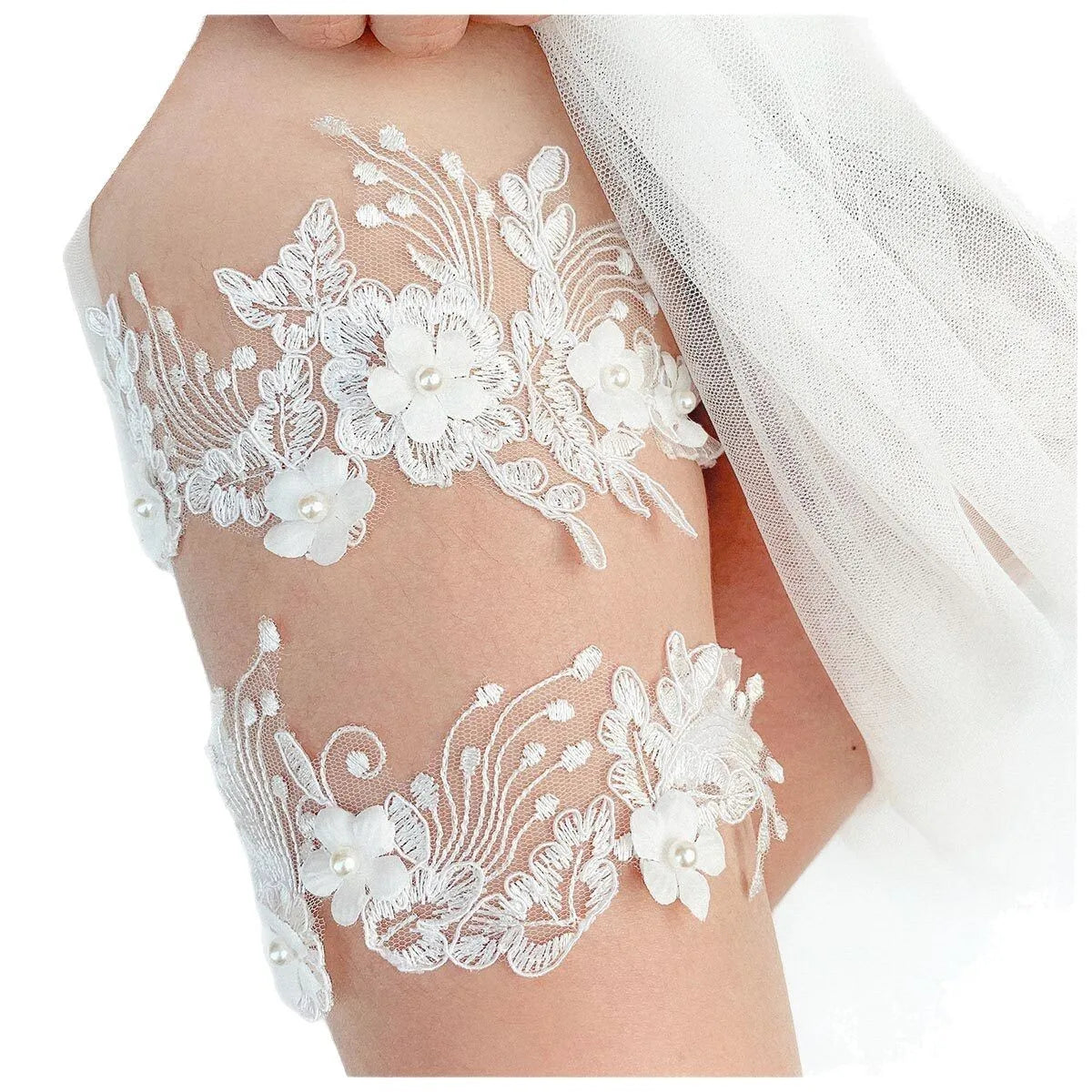 2pcs bridal garter thigh belts with pearl flower embroidery, elastic leg loops for weddings and parties