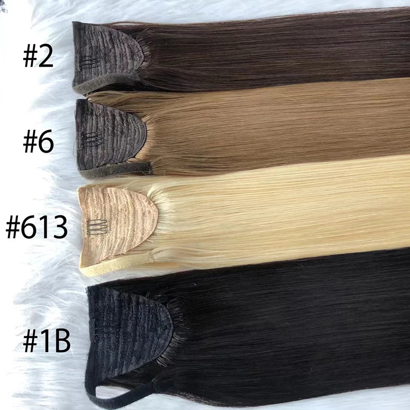 Ponytail human hair wrap-around extension in natural blonde, 60g–100g