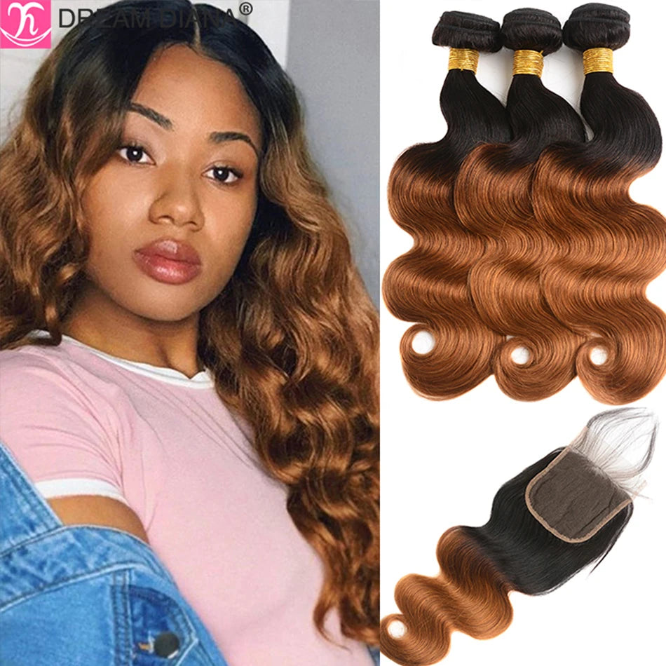 Red body wave Brazilian human hair bundles with closure, 10A grade length and texture detail