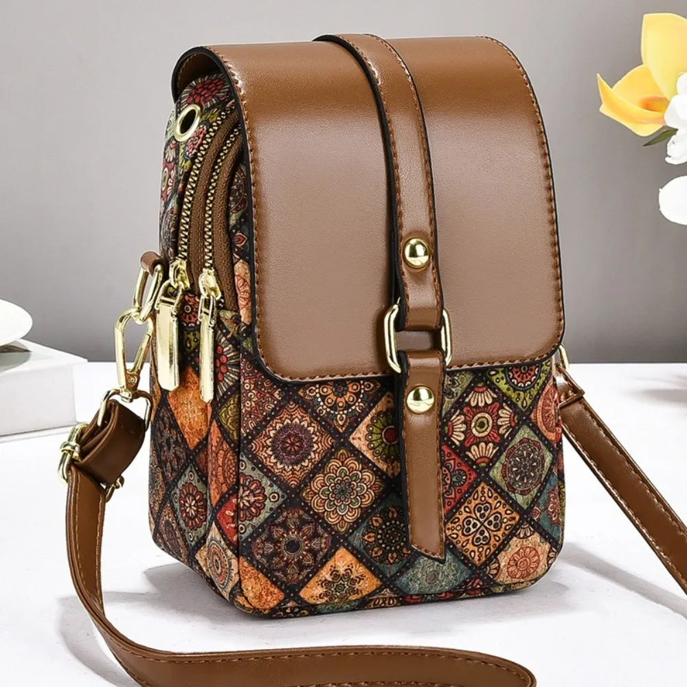 Bohemian printed PU leather crossbody bag for women, versatile ethnic-style handbag with single shoulder strap, luxury design.
