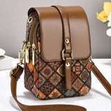 Bohemian printed PU leather crossbody bag for women, versatile ethnic-style handbag with single shoulder strap, luxury design.