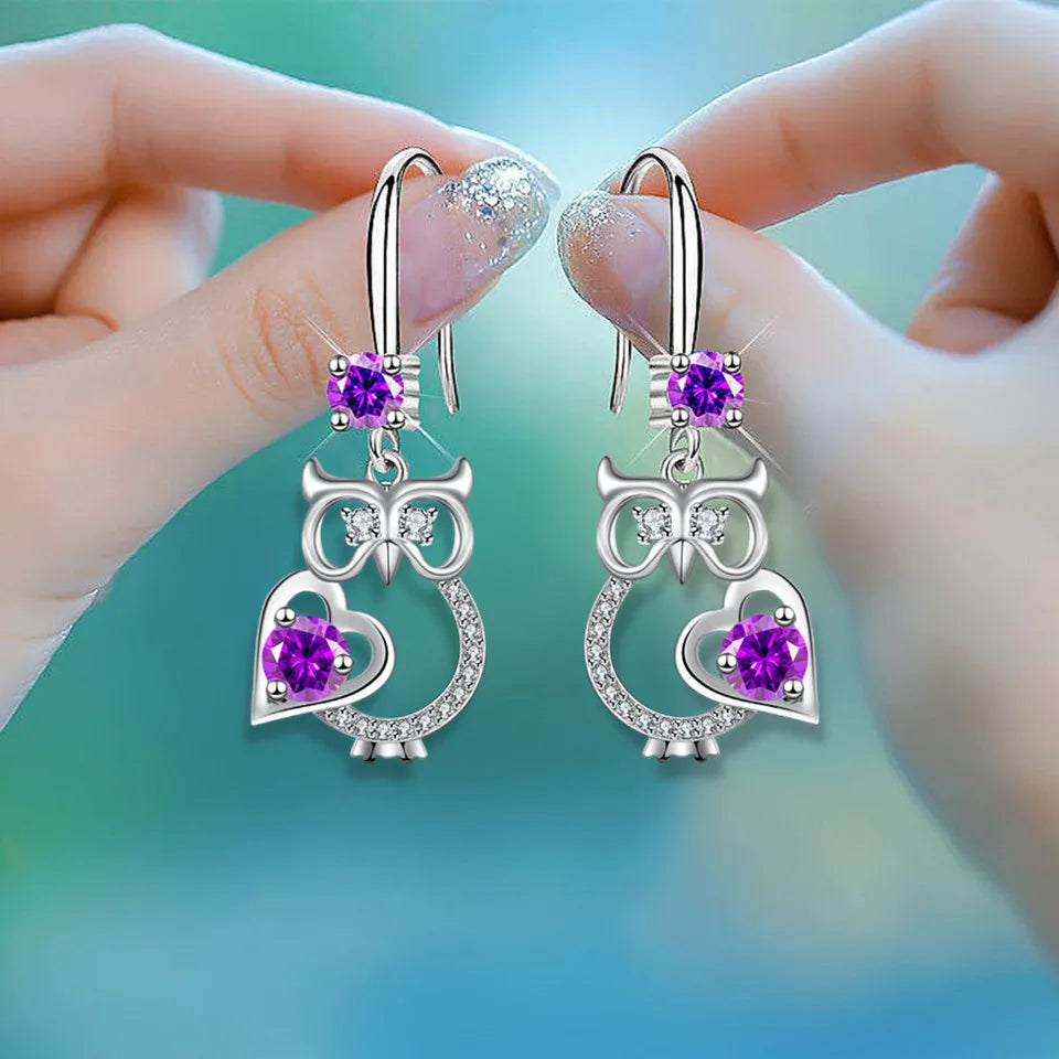 Cute silver owl drop earrings for women with colorful zircon stones, HSF Marketplace jewelry