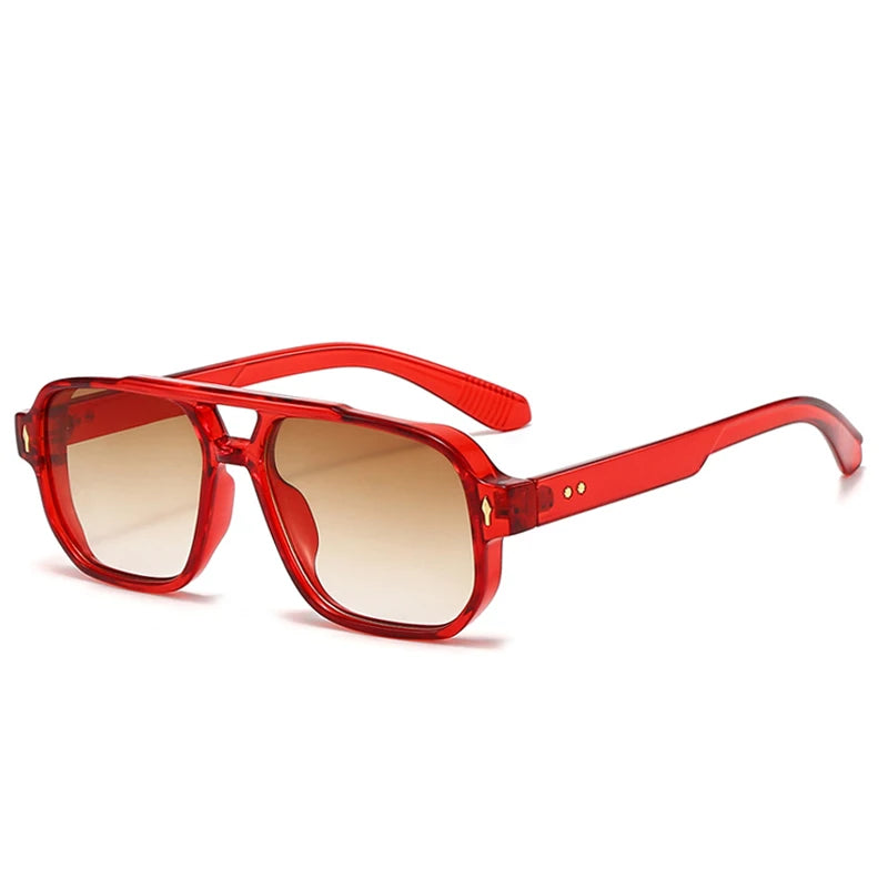 Vintage double bridge men's square sunglasses with clear ocean lenses, rivets, UV400 protection, fashionable eyewear for women.