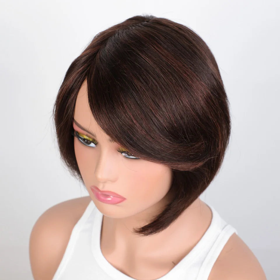 Rebecca Brazilian short straight bob human hair wig with bangs, side part, full machine-made construction for black women.