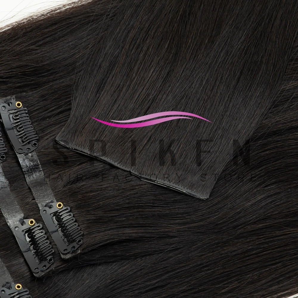 Chocolate brown straight PU clip-in human hair extensions, 7-piece set, 100–120g Remy hair by HSF Marketplace