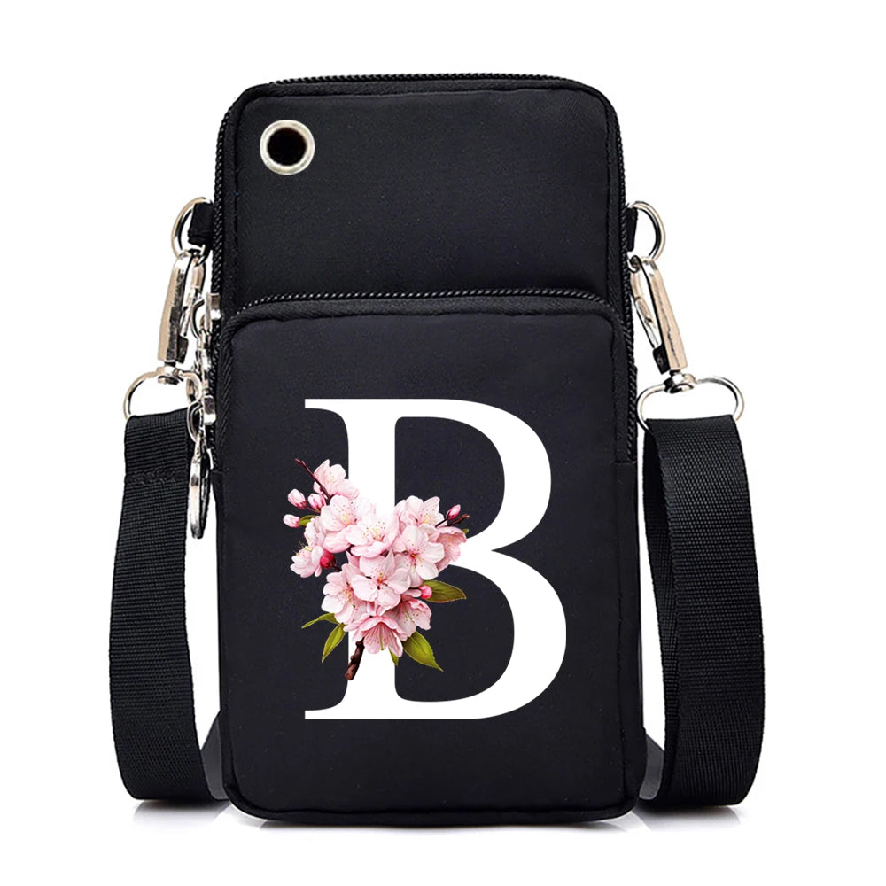 H sakura alphabet floral print small crossbody handbag for women with mobile phone pocket, stylish messenger purse by HSF Marketplace