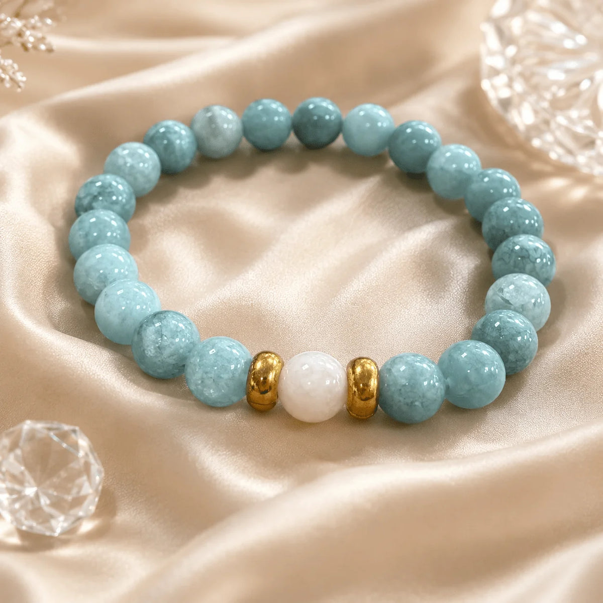 Aqua-Blue Beaded Stretch Bracelet; A Glossy, Marble-Patterned Round Bead Bracelet for Women and Girls—Stylish Everyday Jewelry