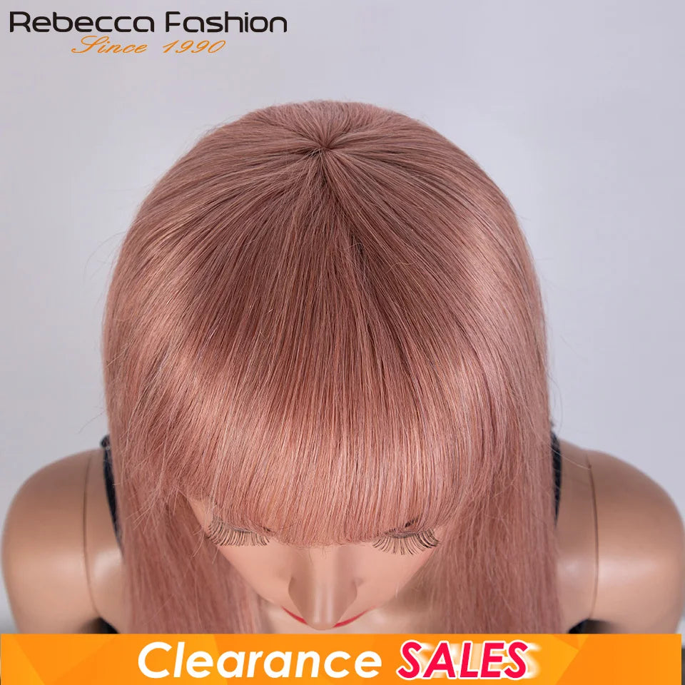 Dirty pink straight human hair wig with bangs, full machine-made, for women, featuring a sleek style and natural look.
