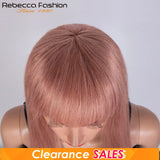 Dirty pink straight human hair wig with bangs, full machine-made, for women, featuring a sleek style and natural look.