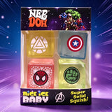 Four mini NeeDoh Nice Ice Cube squishy sensory toys with slow rebound, designed for stress relief and sensory play for kids and adults.