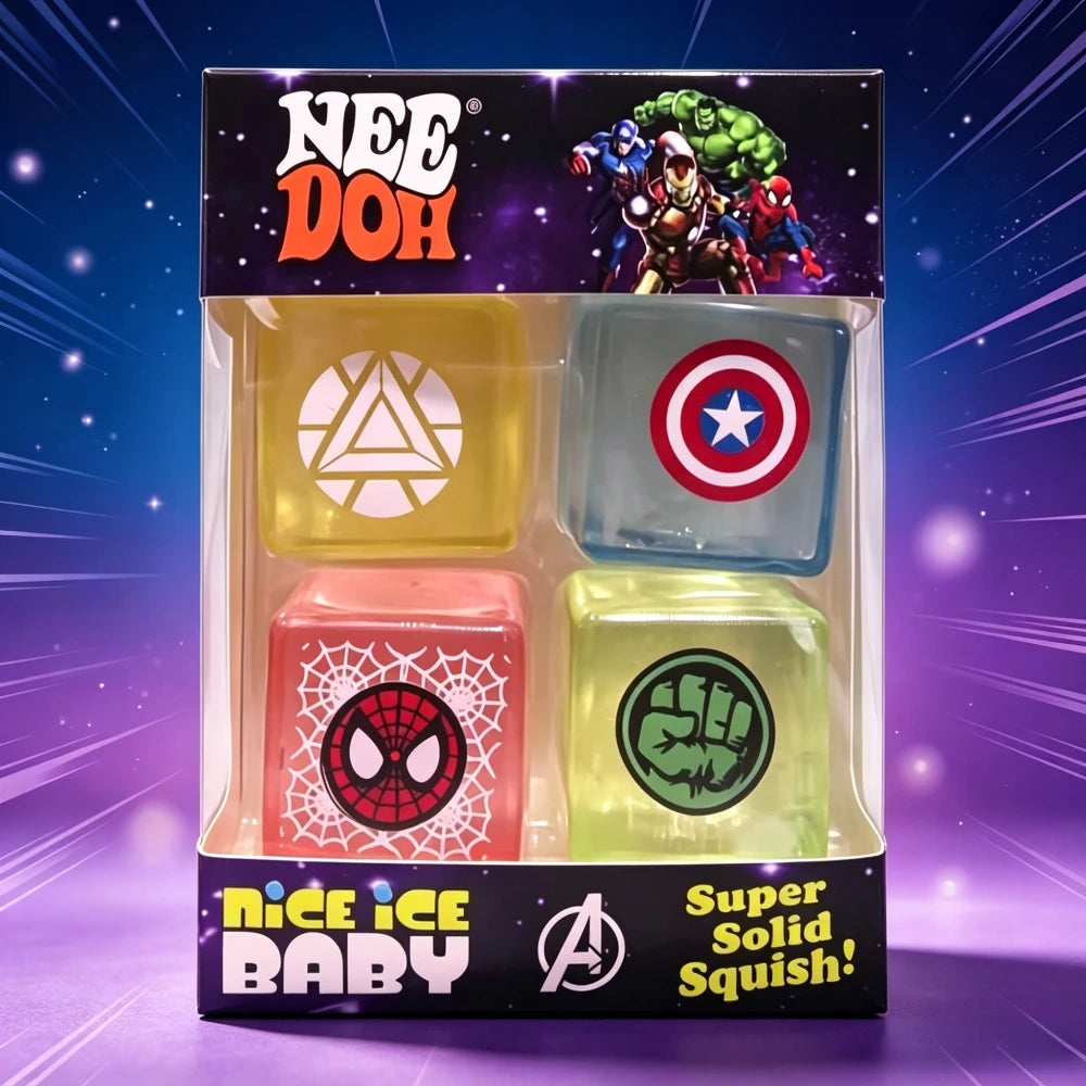 Four mini NeeDoh Nice Ice Cube squishy sensory toys with slow rebound, designed for stress relief and sensory play for kids and adults.
