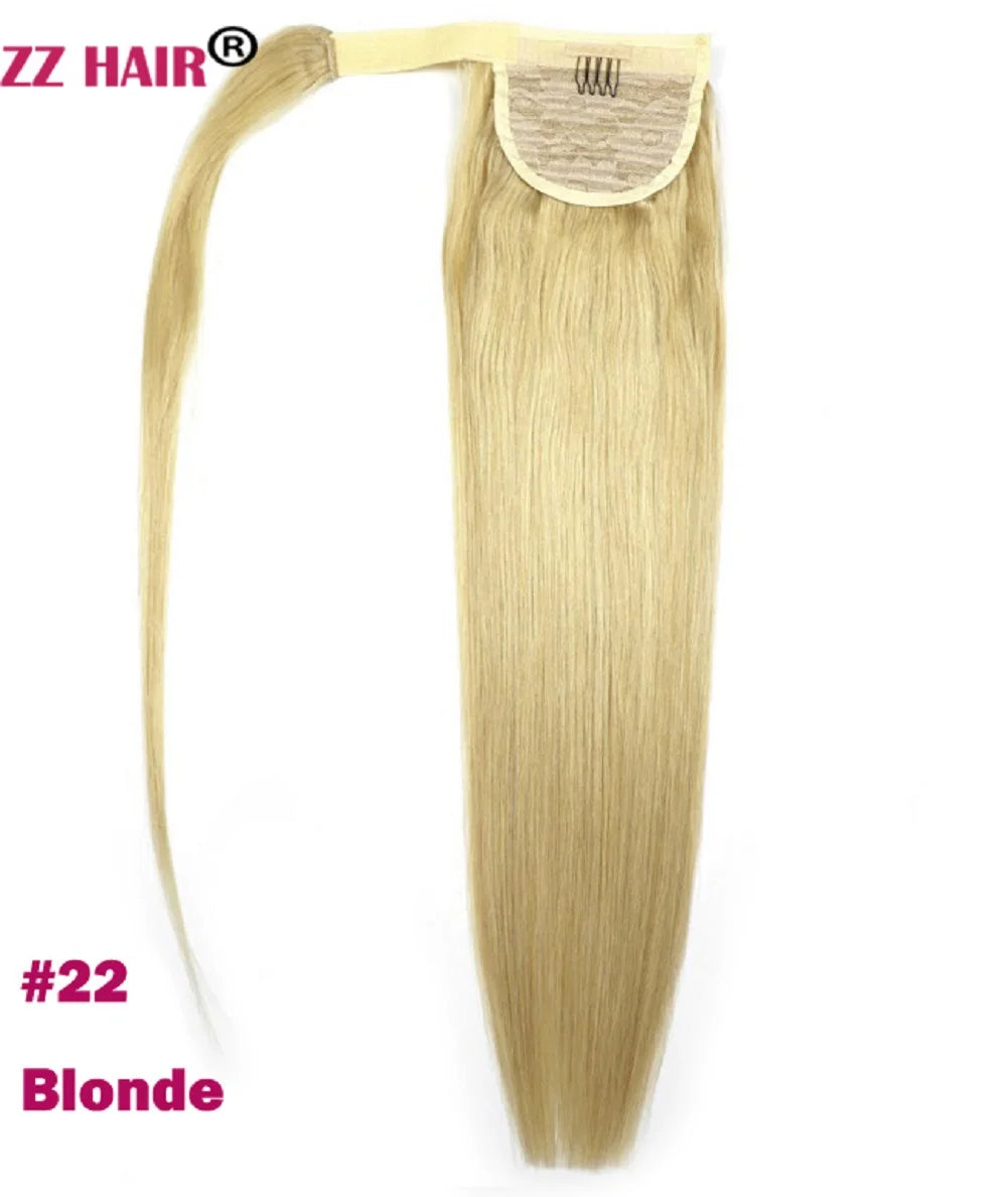 ZZHAIR Remy human hair wrap-around ponytail extension, straight clip-in style, 16–28 inches, 60–120g