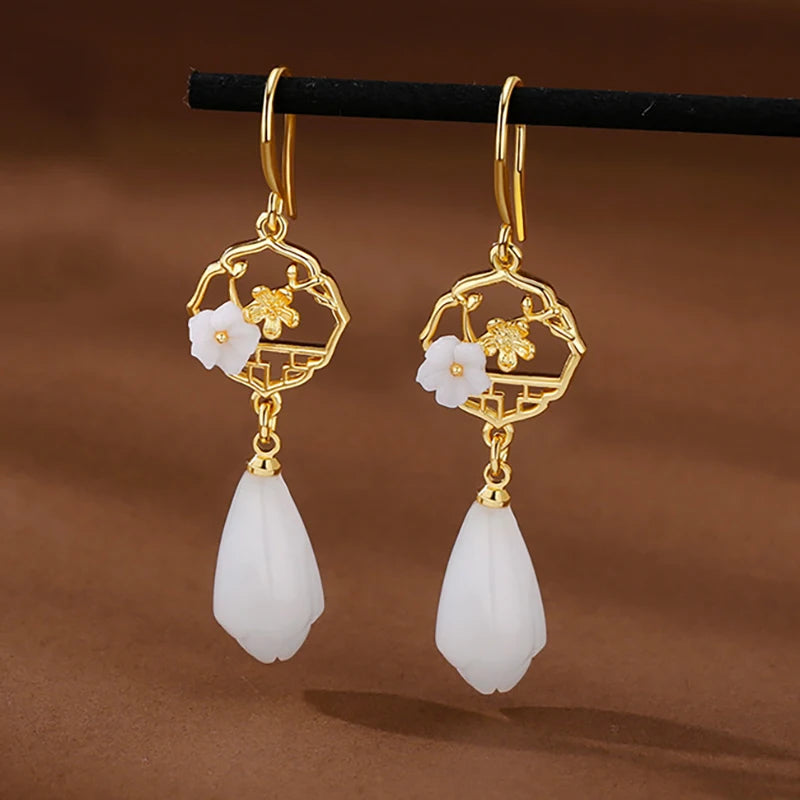925 sterling silver jade drop earrings for women, elegant green gemstone jewelry by HSF Marketplace