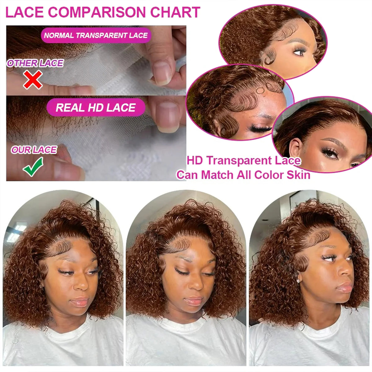 13x4 Brown Curly Hair Short Wigs Deep Wave 200Density Chocolate HD Lace Bob Wig Pre Plucked Human Hair 100%  For Women