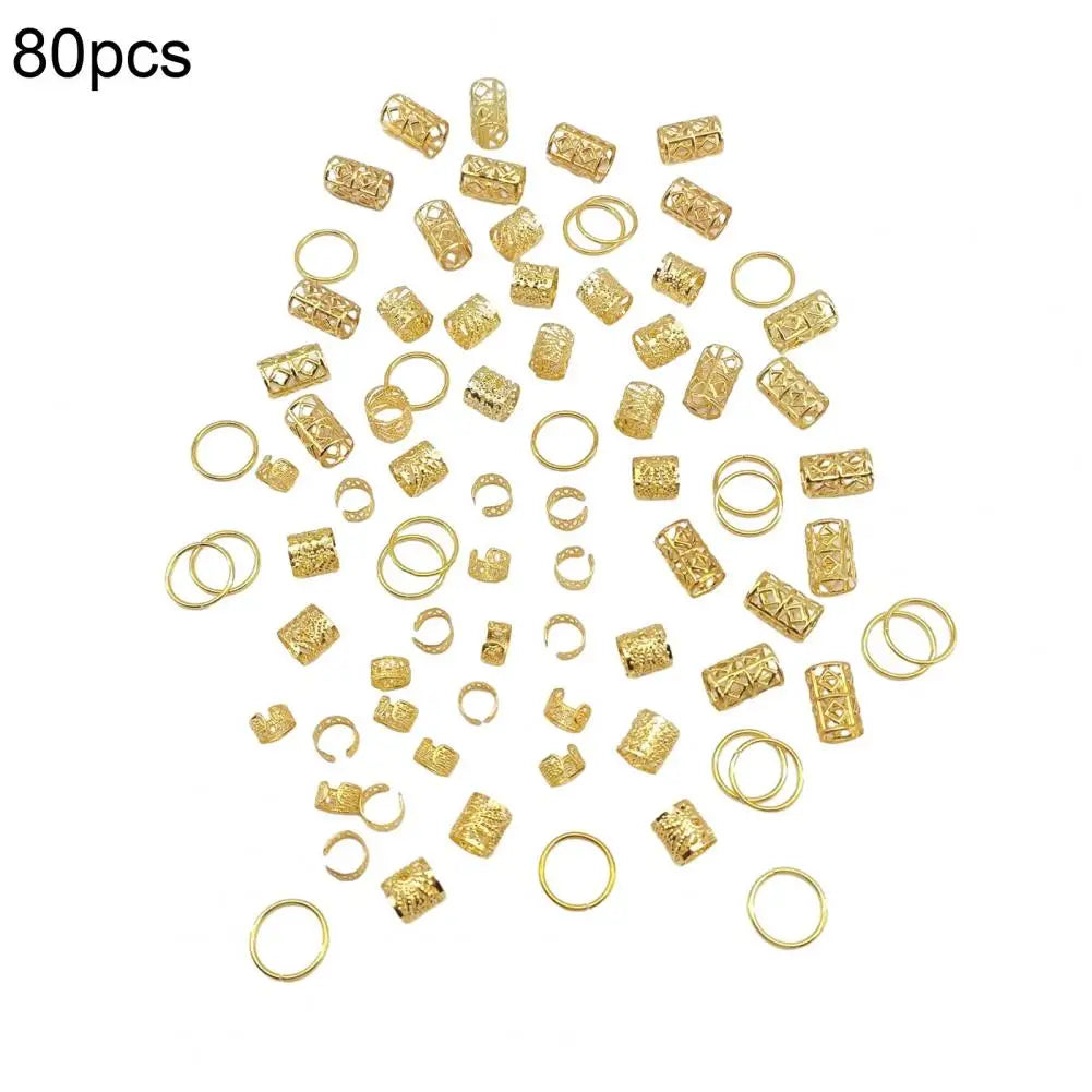 Open Design Hair Rings Braiding Hair Jewelry 80pcs Dreadlock Hair Beads Rings Set Hollow Carved Alloy Braided for Festivals