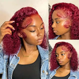99J burgundy short bob human hair wig with water wave curls, 13x4 lace front and wine red color