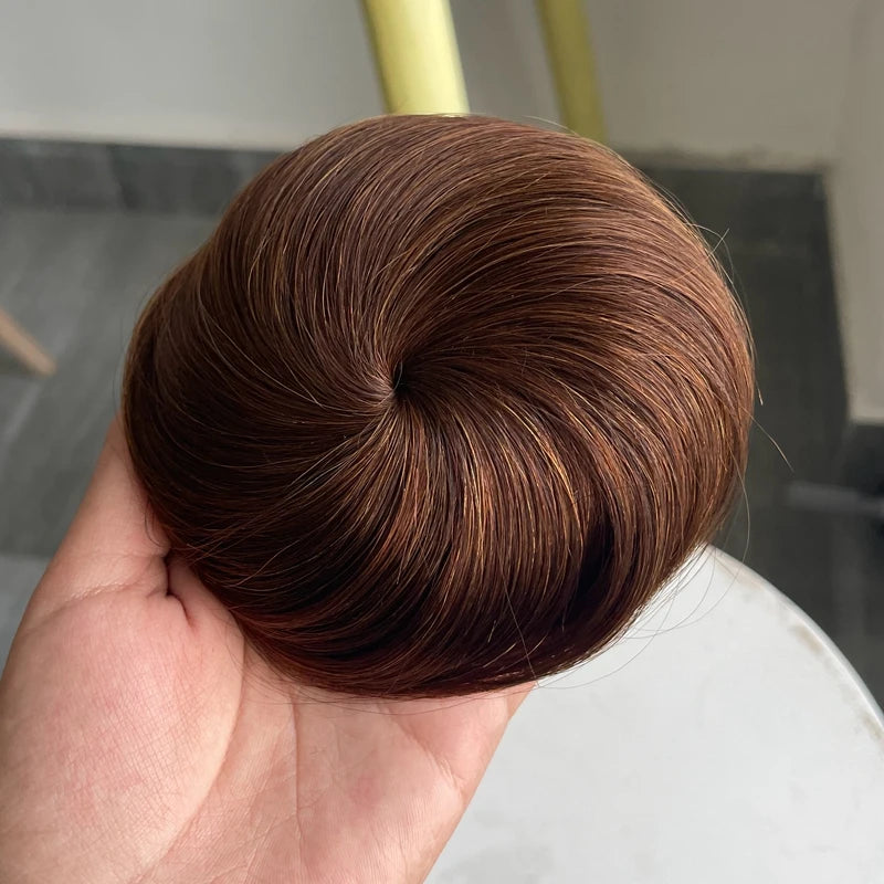 HSF Marketplace 6-inch brown-blonde human hair drawstring bun wig for thinner hair